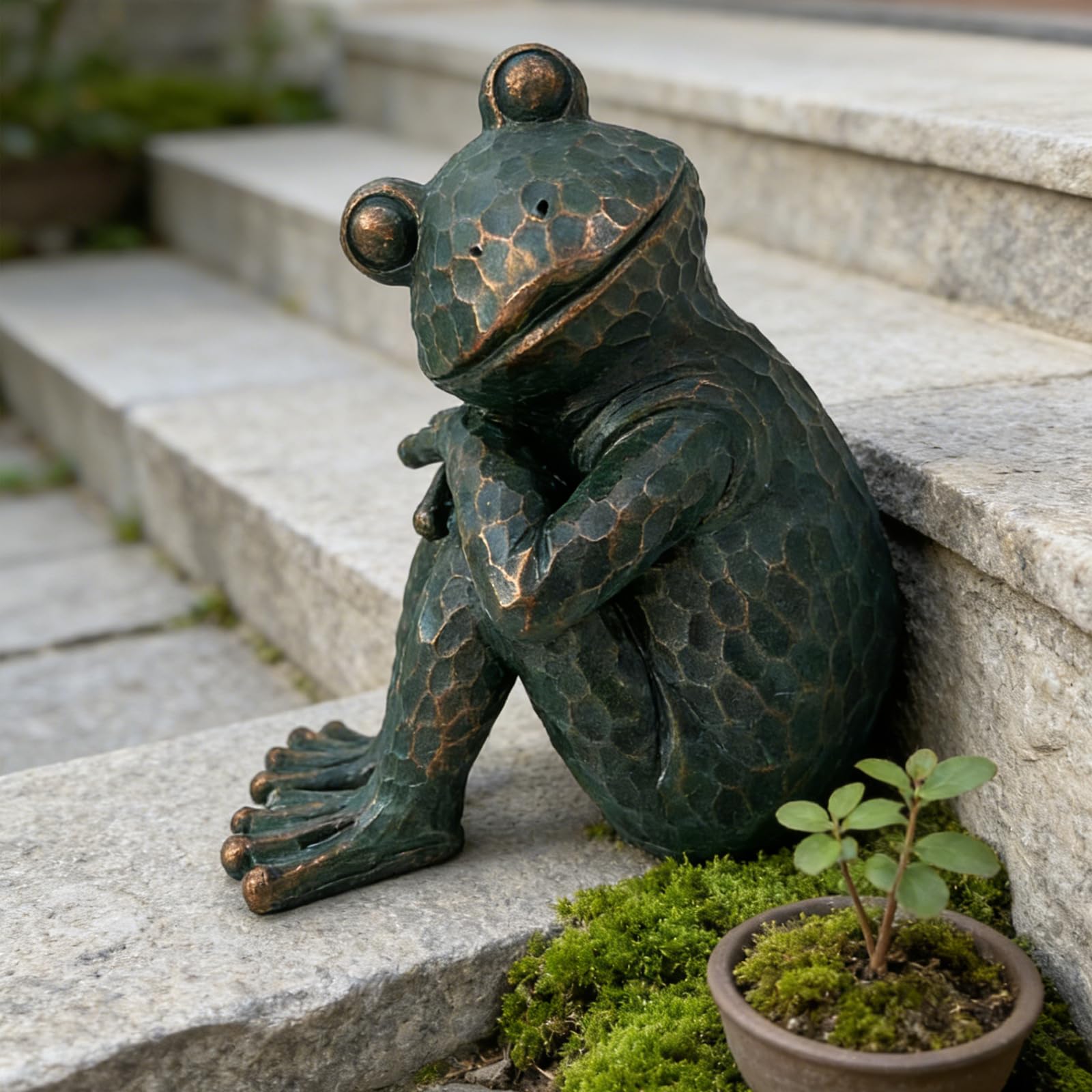 ResinHaven Vintage Verdigris Meditating Frog Garden Statue, 9.8" H
