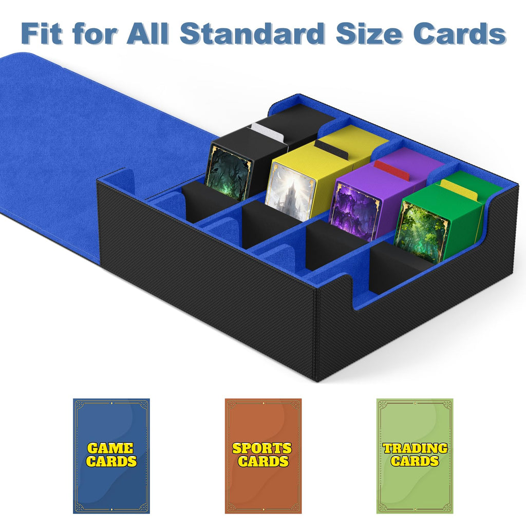 Mlikero Card Deck Case, 2400+ Trading Card Storage Box with 10 Colorful Dividers and 4 Foam Stoppers, Leather Magnetic Closure Commander Deck Box Fit for MTG, TCG (4 Rows, Black&Blue)