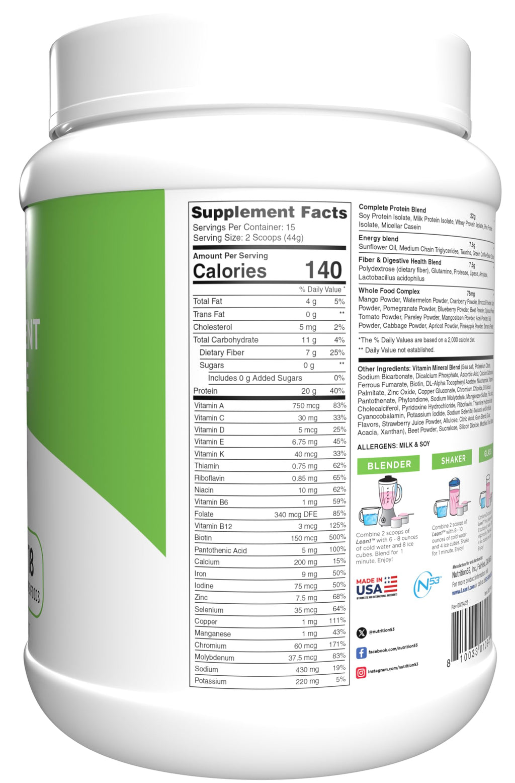 Lean1 Meal Replacement Protein Shake, Strawberry Flavor, 15 Serving Tub