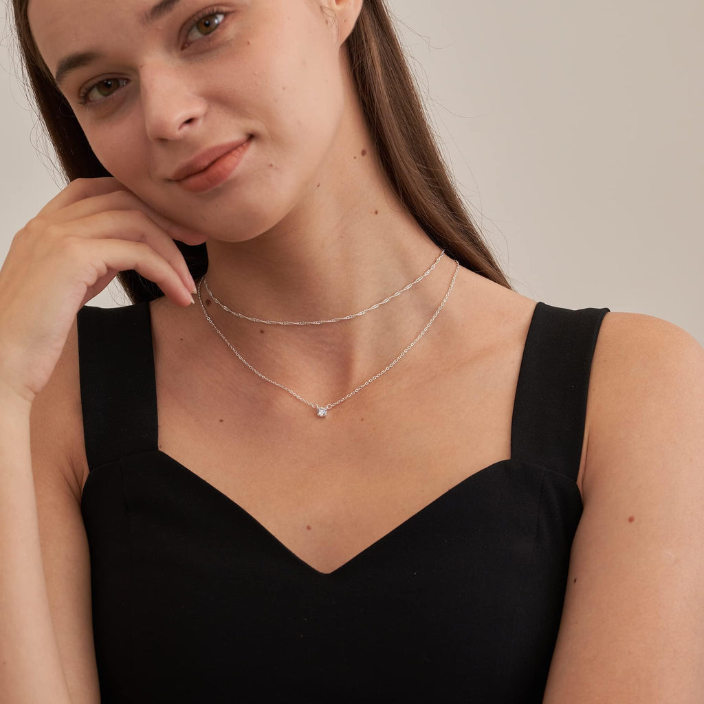 Tewiky Layered Sterling Silver Necklace for Women, Dainty Cubic Zirconia Pendant Necklace Simple Chain Choker Necklaces Jewelry Fashion Set Gifts