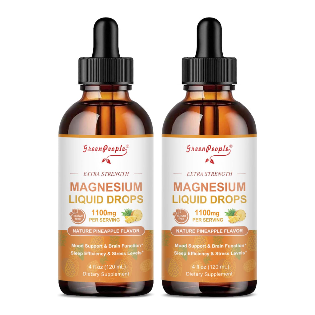 GREENPEOPLE 17-in-1 Triple Magnesium Complex Supplement,Magnesio Liquid Drops with Magnesium Glycinate & Citrate,Pineapple Flavor,Calm Mood,Muscle & Sleep for Adults,4 fl. oz 2Pack