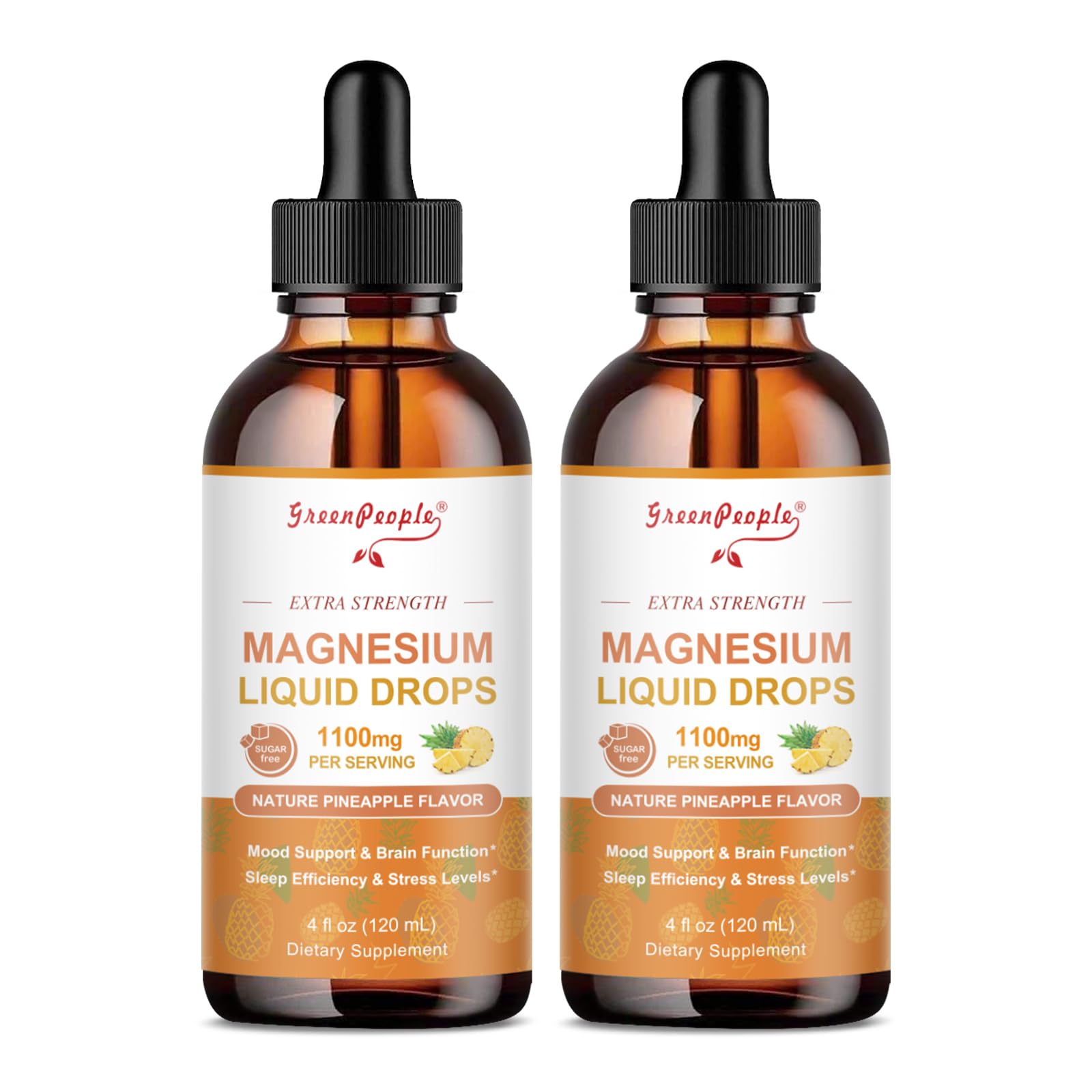 GREENPEOPLE 17-in-1 Triple Magnesium Complex Supplement,Magnesio Liquid Drops with Magnesium Glycinate & Citrate,Pineapple Flavor,Calm Mood,Muscle & Sleep for Adults,4 fl. oz 2Pack