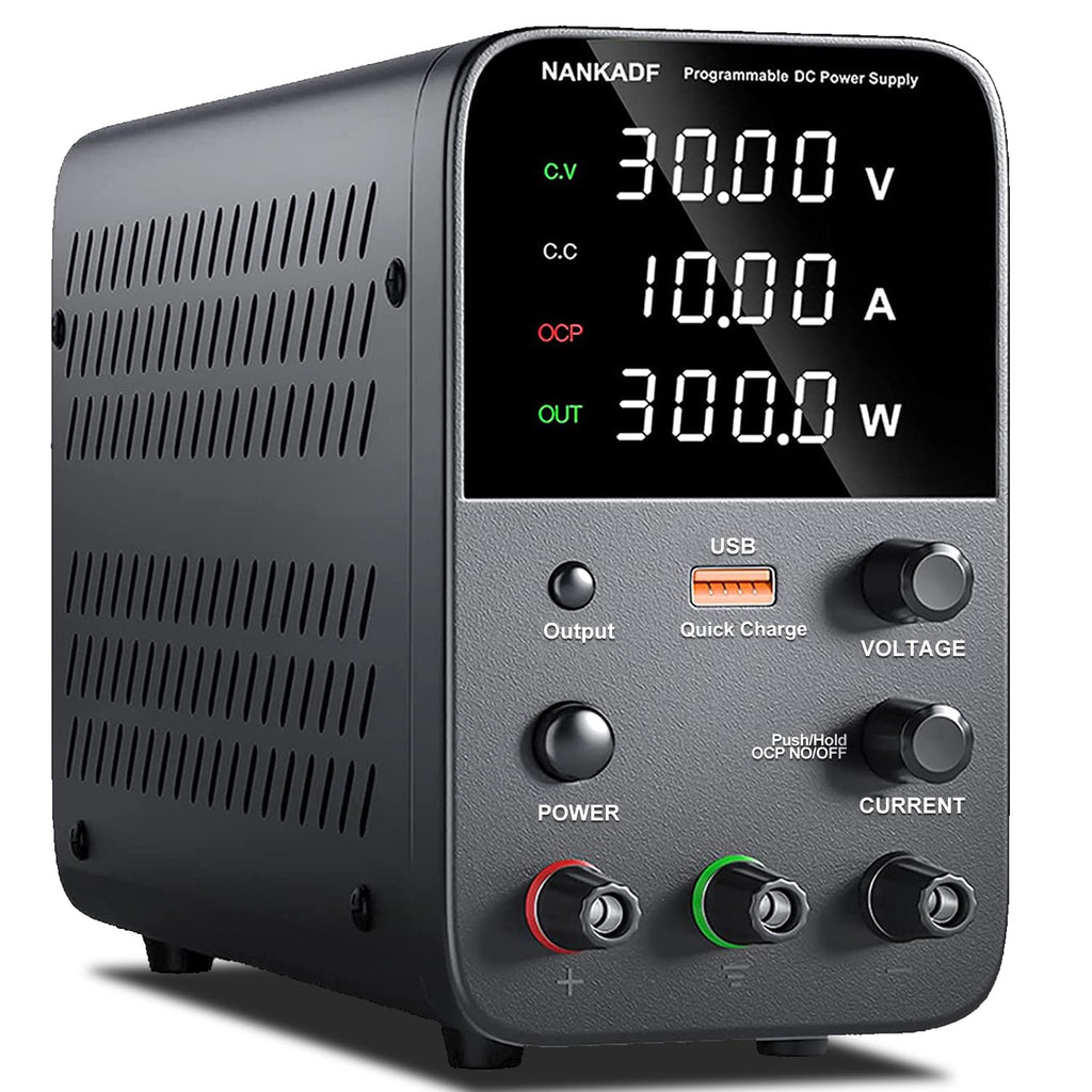 DC Power Supply Variable, Bench Power Supply with Encoder Adjustment Knob, Output Enable/Disable Button, Adjustable Power Supplies with USB Quick-Charge, Short Circuit Alam (30V 10A Black)
