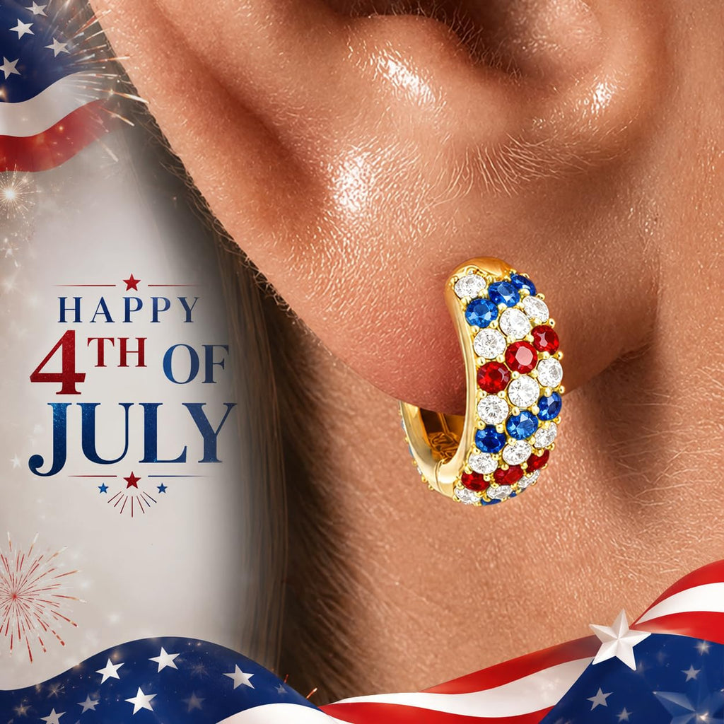 4th of July Independence Day Patriotic Hoop Earrings for Women, 250th Anniversary American Flag Red White Blue Usa earrings Cubic Zirconia Chunky 14K Gold Thick Small Huggie Hoops Non Tarnish Jewelry