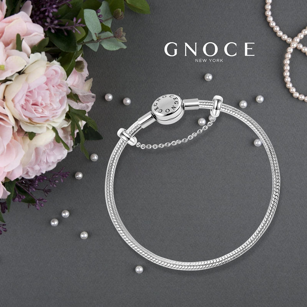 GNOCE Stainless Steel Snake Chain Charm Bracelet W/Safety Gift for Women(7.5in)