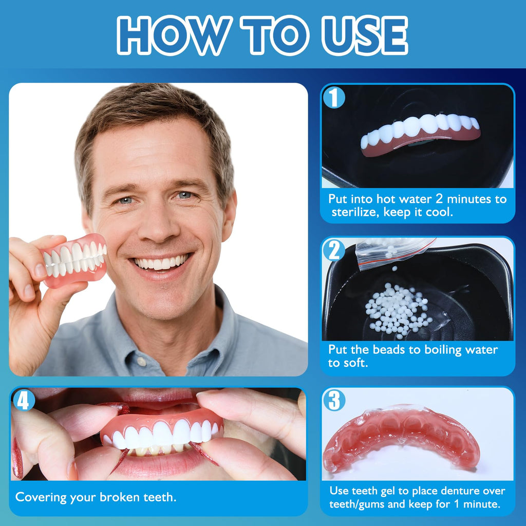 Moldable False Teeth - Veneers Teeth for Women & Men, Silicone Dentures Set for Both Upper and Lower, Temporary Dentures DIY at Home Within Minutes Fix Your Smile