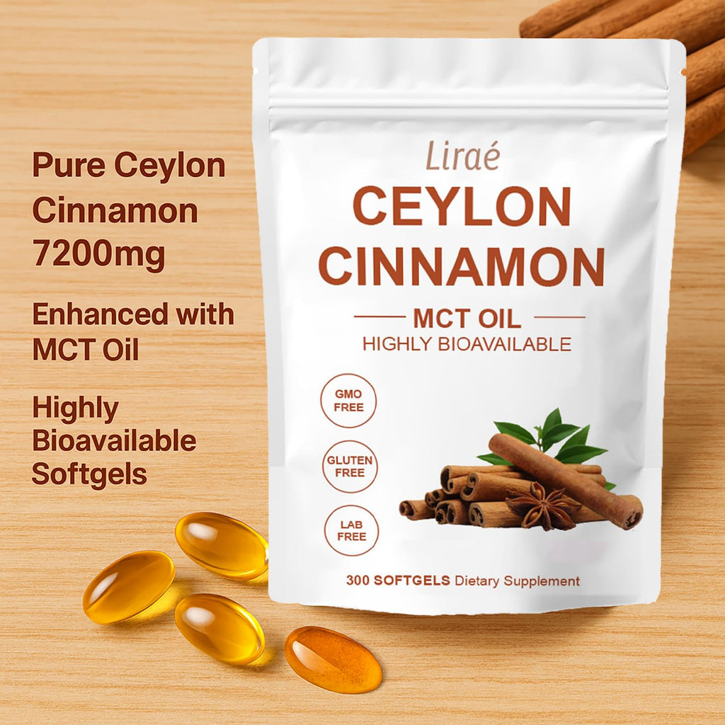 LIRAE Ceylon Cinnamon - Soft Gels 7200mg Equivalent with Mct Oil, Non-GMO, Gluten Free, Highly Bioavailable & Easy to Swallow - 300 Softgels (1)