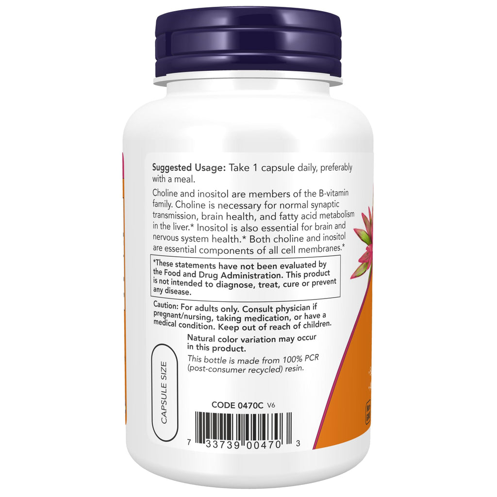 NOW Foods Supplements, Choline & Inositol 500 mg, Healthy Nerve Transmission*, Nervous System Health*, 100 Capsules (Pack of 2)