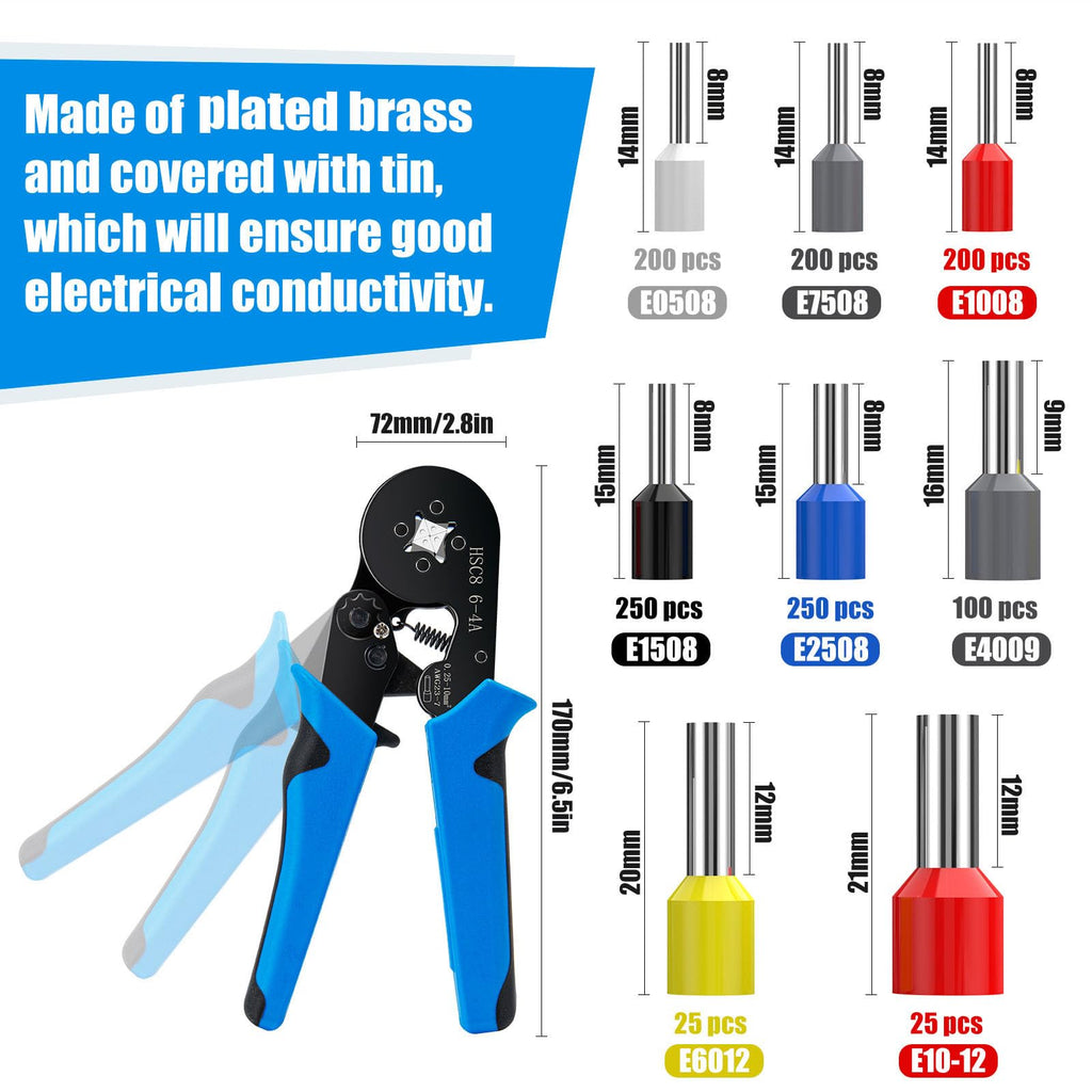 Ferrule Crimping Tool Kit, LUNEY Crimper Plier with 1250PCS Wire Ferrules Kit Wire End Terminals, Self-adjustable Ratchet Tool Set for AWG 23-7 Cable connectors, 0.25-10mm²