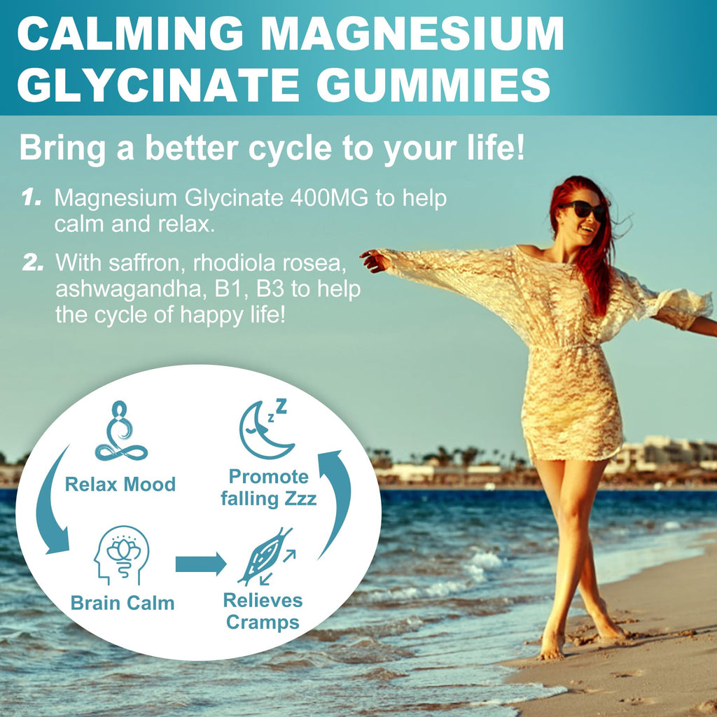 Sugar Free Magnesium Glycinate Gummies 400mg with Ashwagandha, B1, B3, Rhodiola Rosea & Saffron for Support Rest, Mood & Energy Calm Magnesium Gummies for Adults, Chewable Magnesium Supplement, 60Ct