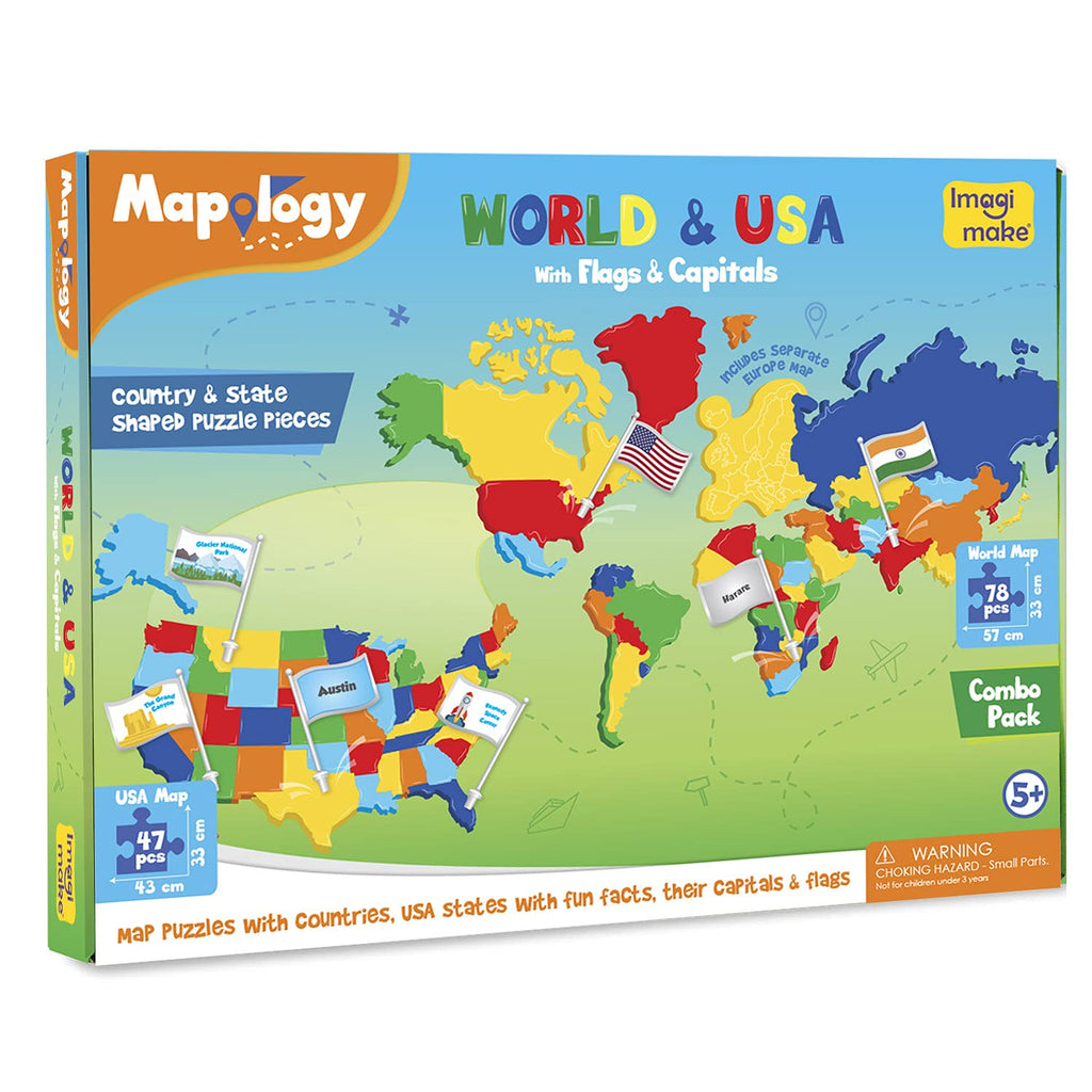Imagimake Mapology USA & World Map Puzzle with Flags, Capitals, Stickers | Educational Toys for Ages 5-7 | Jigsaw Puzzles for Kids Ages 8-10 | Geography Toys for Ages 8-13 | 6 Year Old Boy/Girl Gifts