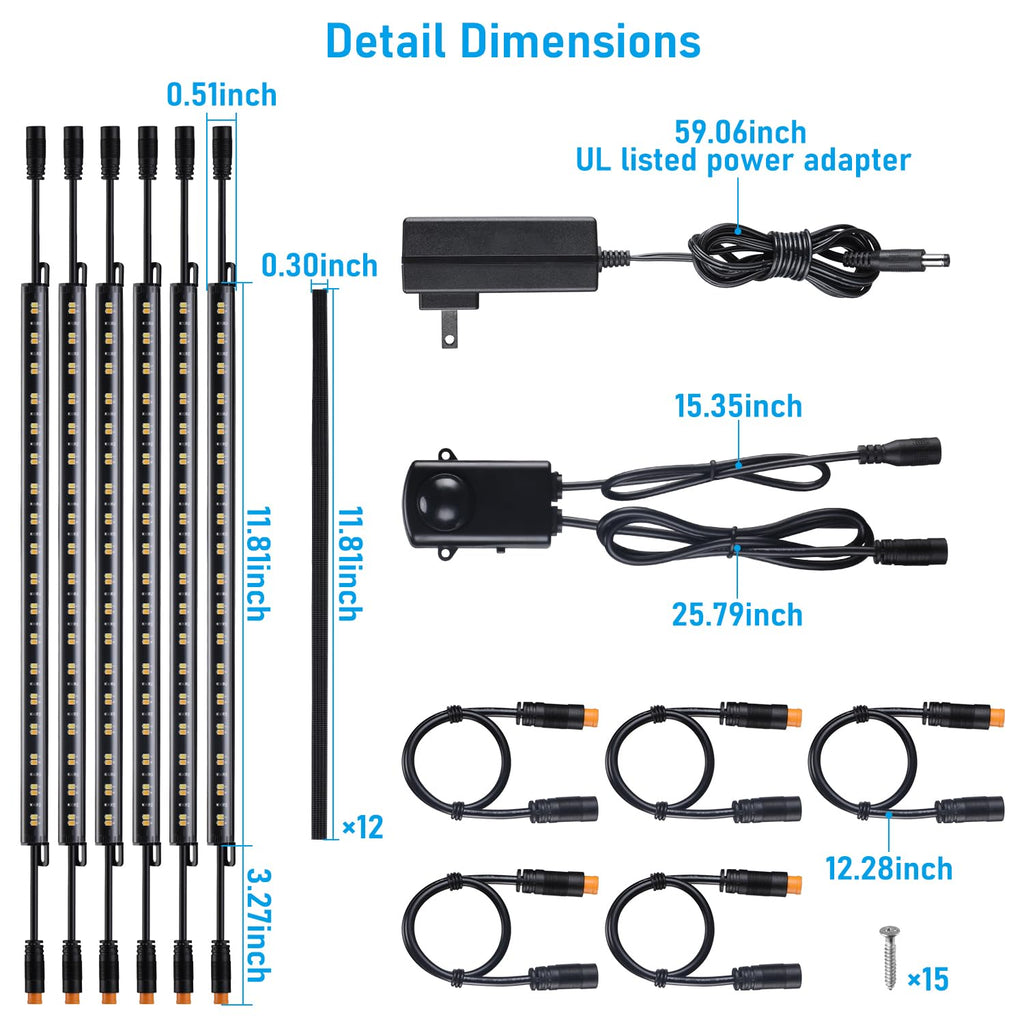 TORCHSTAR LED Safe Lighting Kit 3CCT, (6) 12 Inch Linkable Light Bars, Motion Sensor, 3000K/4000K/5000K Selectable, 900LM Safe Light Kit for Gun Safe Under Cabinet Locker Closet, UL Power Adapter