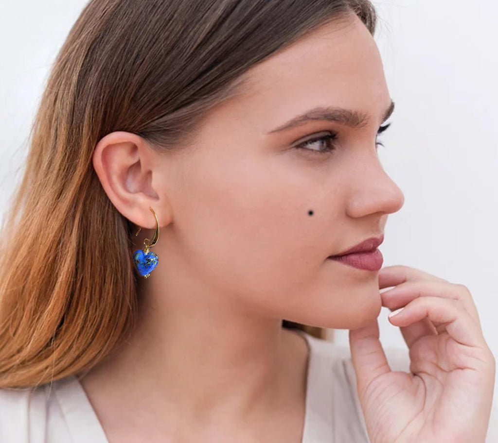 Handmade Murano Glass Heart Earrings for Women, Gold-Plated Drop Earrings, Lightweight Romantic Jewelry for Women, Anniversaries, Birthdays, Everyday Wear(Blue)