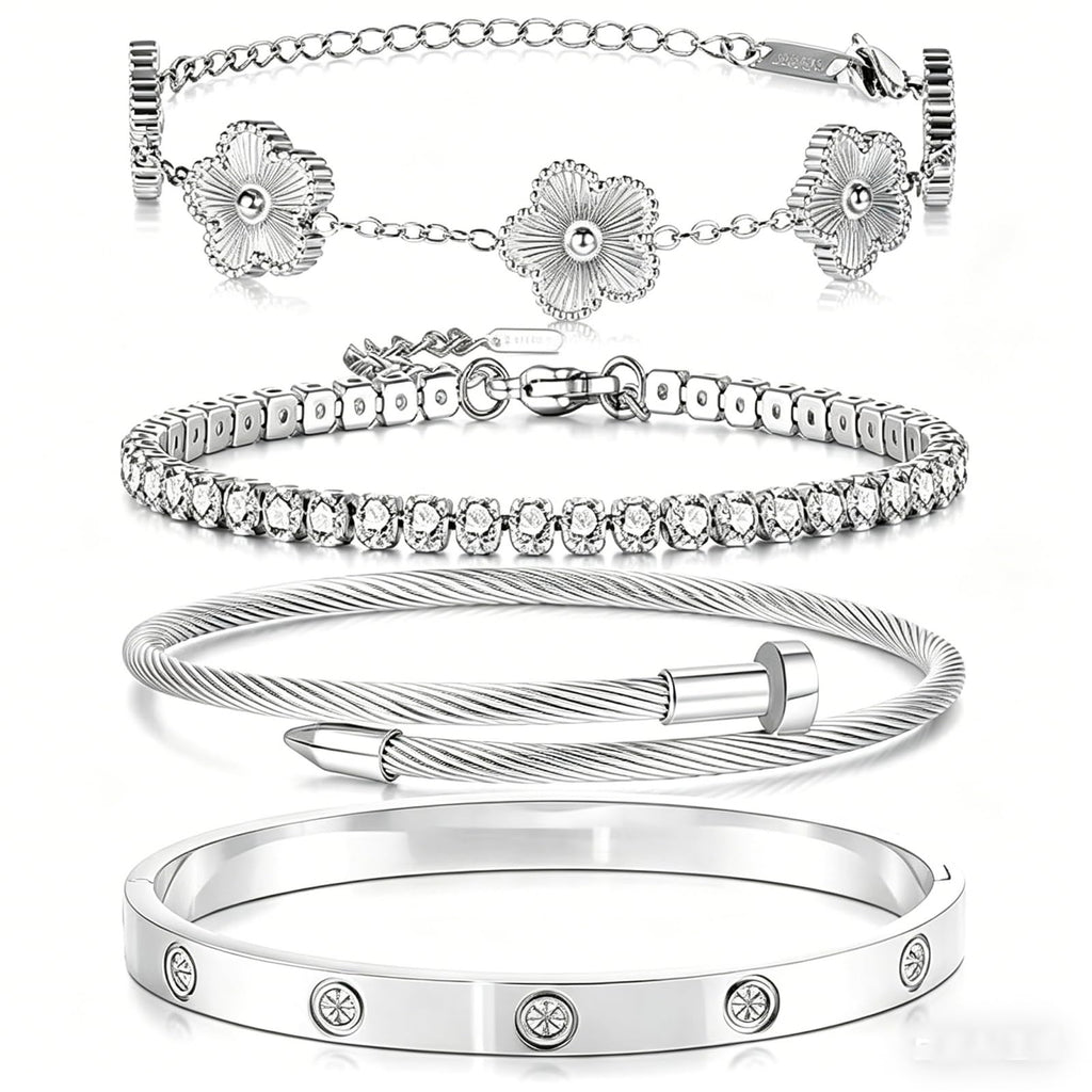 Zesnoy 18K Gold Plated Womens Stackable Floral Silver Clover Bracelets Set Love Bangle Bracelets Non Tarnish, Bracelet Set Trendy Jewelry, Gifts for Women's Day and Mother's Day