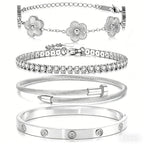 Zesnoy 18K Gold Plated Womens Stackable Floral Silver Clover Bracelets Set Love Bangle Bracelets Non Tarnish, Bracelet Set Trendy Jewelry, Gifts for Women's Day and Mother's Day