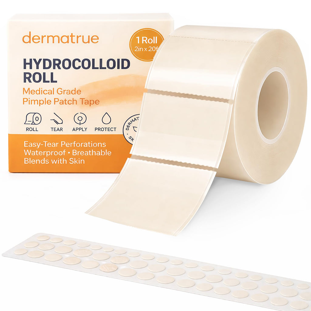 Extra Large Hydrocolloid Roll 2” x 20ft with Easy-Tear Perforations + 120 Precut Pimple Patches – Hydrocolloid Bandage Tape, Ultra Absorbent, Water Proof, Wound Care, Hydrocolloid Dressing