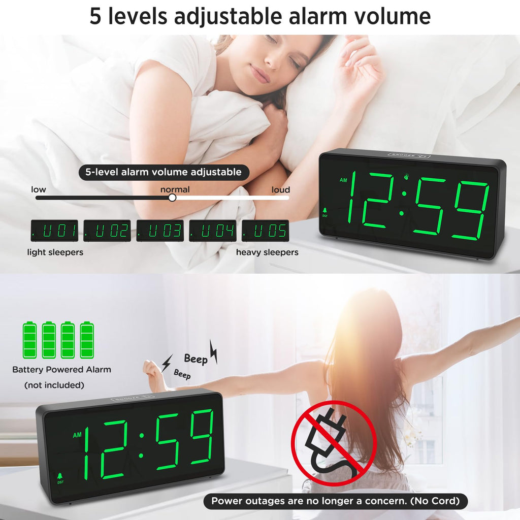 Peakeep Battery Operated Digital Alarm Clock for Bedrooms - Cordless Large Big Numbers 4 Dimmers, Auto Dimming for Seniors, Adjustable Volume Loud Alarm Clock for Heavy Sleepers Adults (Green Digits)