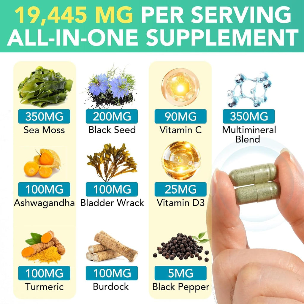 Sea Moss Black Seed Oil Ashwagandha Ginger, Sea Moss Capsule Supplement with Turmeric Bladderwrack Burdock & Vitamin C Vitamin D3, Enhanced Immunity & Energy, 120 Capsule