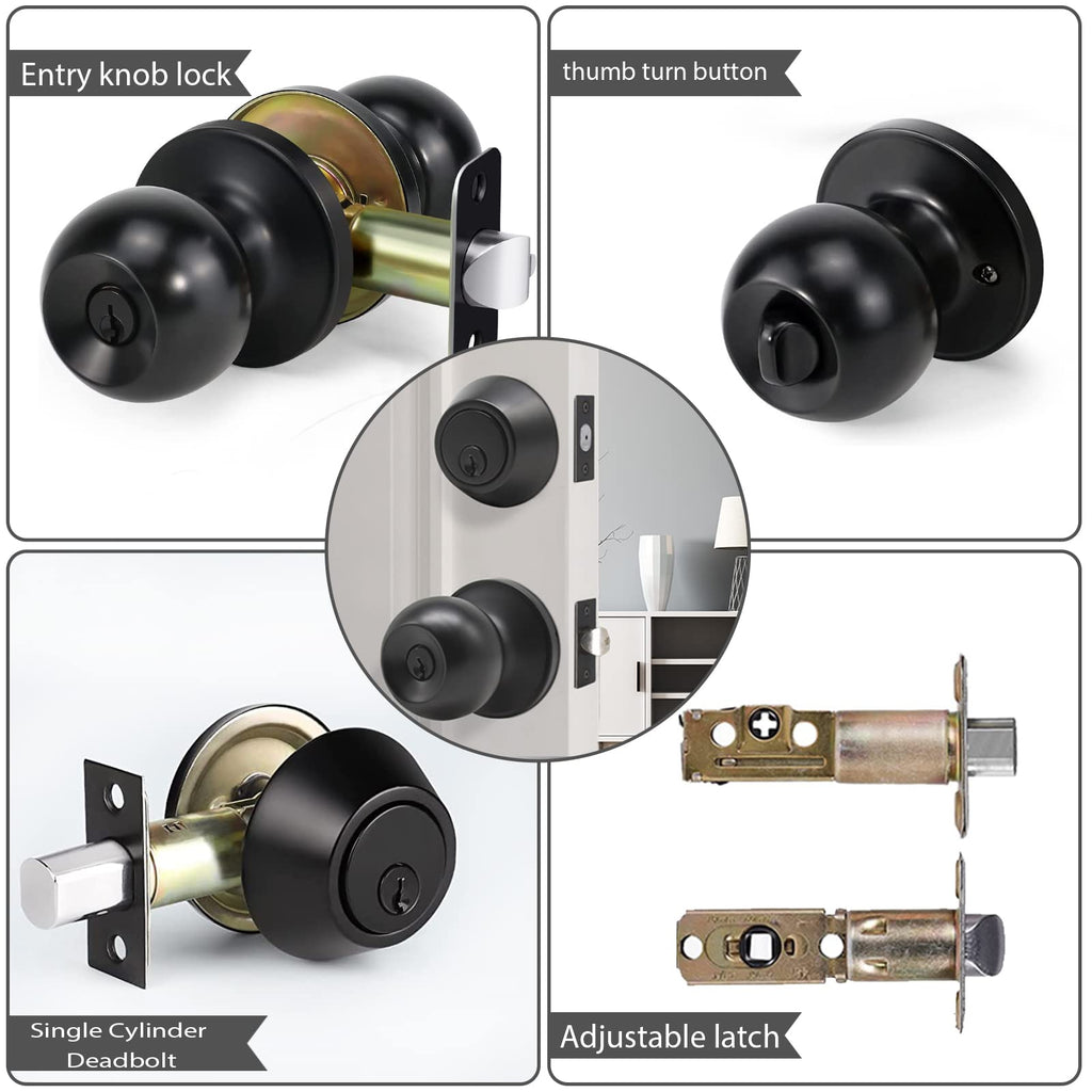 Exterior Door Lock Set with Deadbolt, Single Cylinder Deadbolt Lock and Door Knob Set, Keyed Alike Door Locks for Front Door,Matte Black Door Knob and Deadbolt Set(2Pack Set)