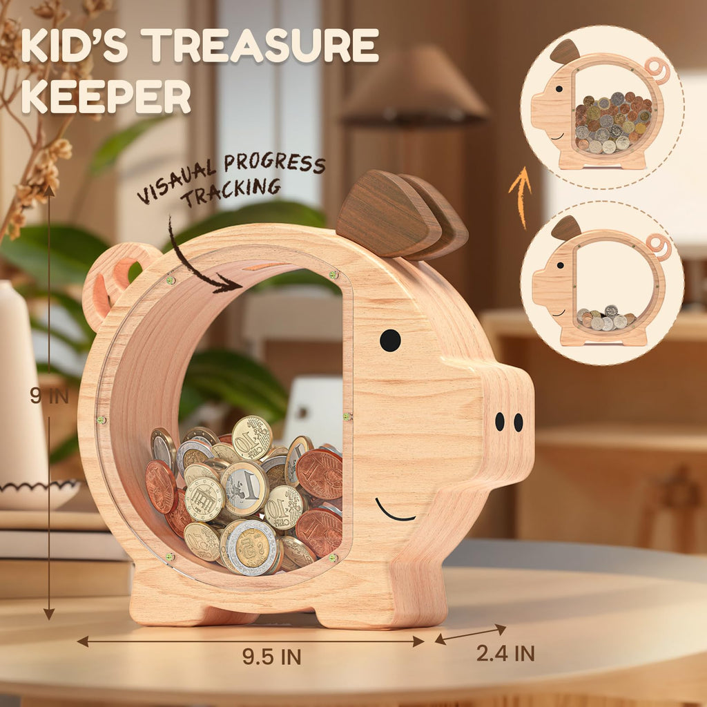 Summidate Piggy Bank for Kids,Large Wooden Pig Money Bank for Boys Girls