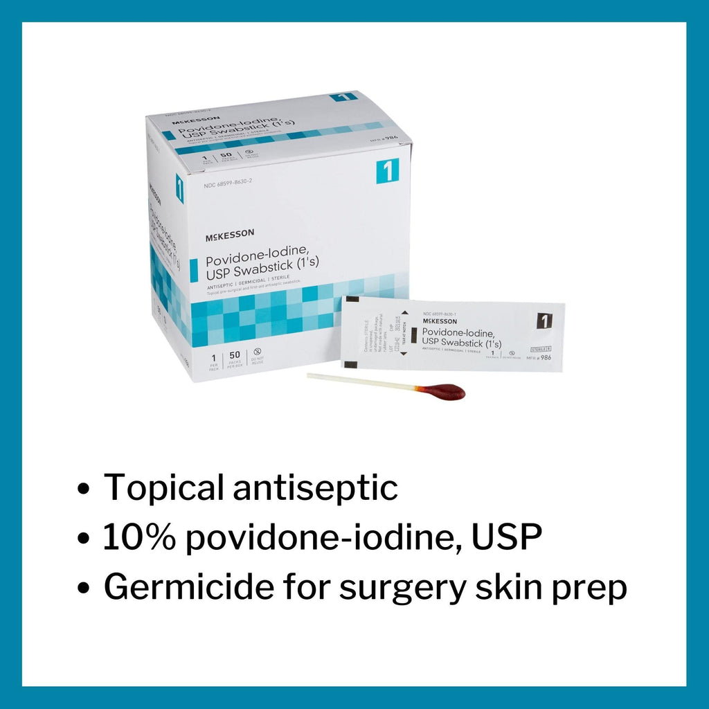 McKesson Povidone Iodine 10% Swabs Stick [50 Sticks] Sterile Swabsticks, Topical Pre-Surgical and First Aid