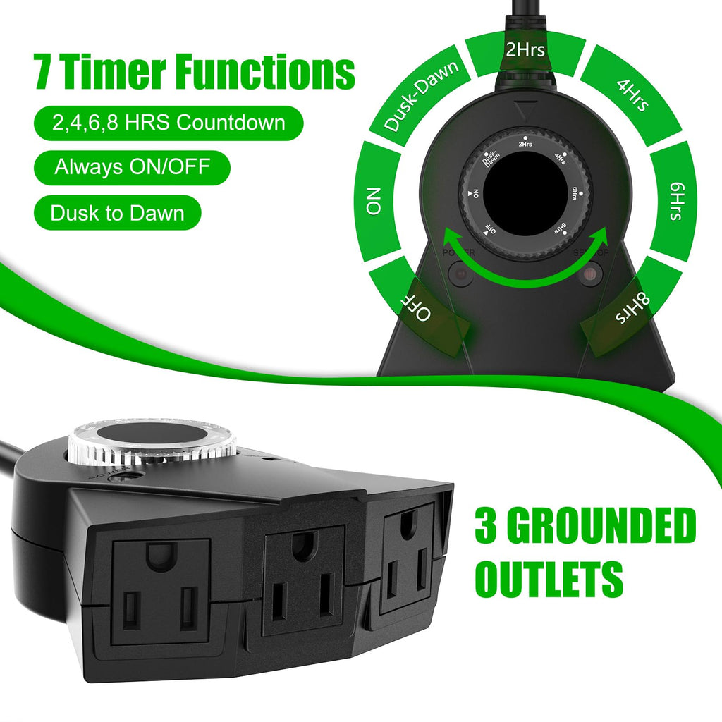 Outdoor Light Timer Waterproof, 24 Hours Plug in Timer with 2, 4, 6 or 8 Hours Countdown Mode, 3 Grounded Dusk to Dawn Electrical Outlet for Outdoor Backyard Garden Patio Lights Christmas Decorations