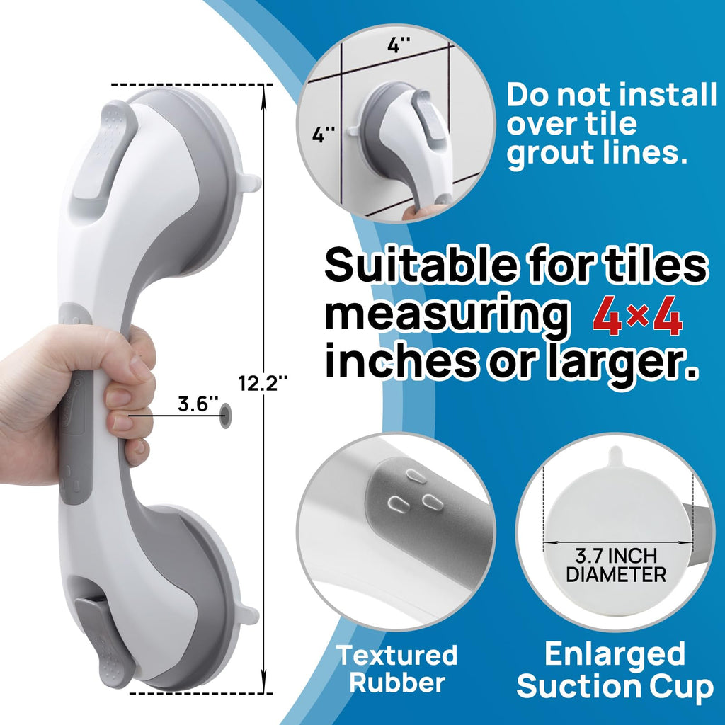 LEVERLOC Shower Grab Bar, 12 Inch Suction Grab Bars for Bathtubs, Shower Handle Handrail for Seniors Bathroom Safety Grip for Elderly, Heavy Duty No Drilling Removable,Grey