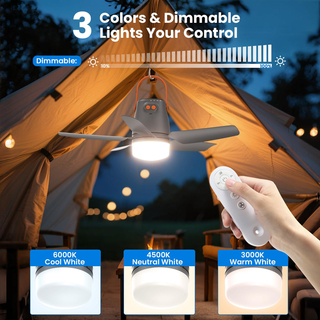 20" Portable Ceiling Fan with Light & Remote,20400mAh Battery Operated Outdoor Ceiling Gazebo Fan for Patios/Canopy/Cruise,Rechargeable Battery Powered Fan,Hangable Camping Light Fan,Camping Essential