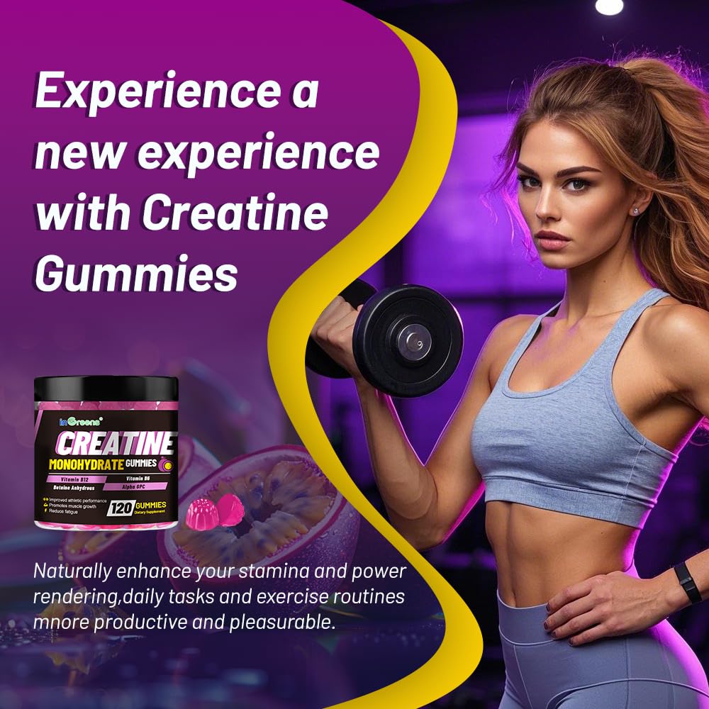 Creatine Monohydrate Gummies 6g for Men & Women, Potent Creatine Supplement, Chewables Creatine for Energy Boost, Increase Strength and Build Muscle, Gluten-Free, Sugar Free,120 Count