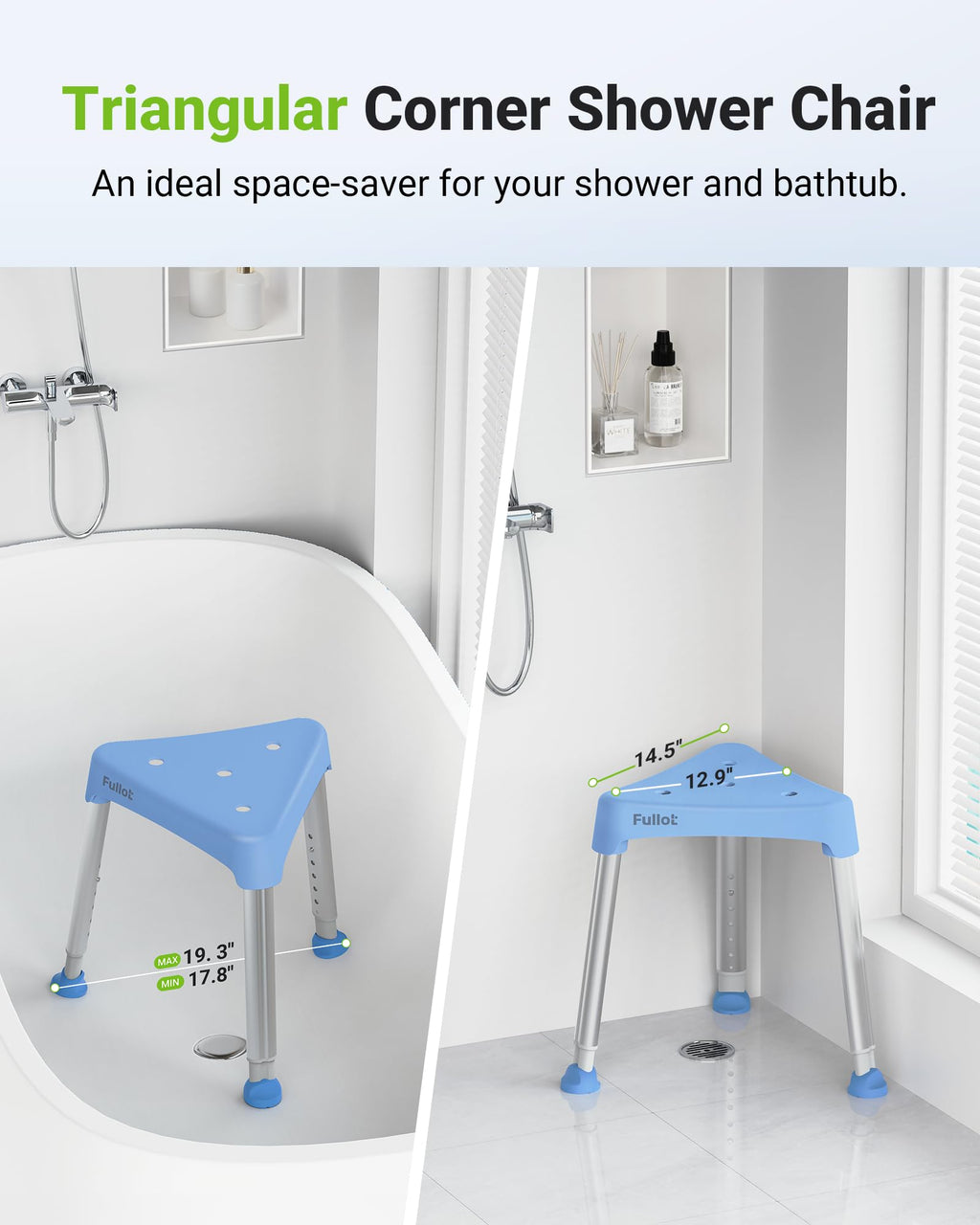 Space-Saving Triangular Shower Chair for Elderly and Disabled, FSA/HSA Eligible 400 lbs Adjustable Shower Stool Seat with Stable-Bracing, Non-Slip Bathtub Chair, Tool-Free Assembly