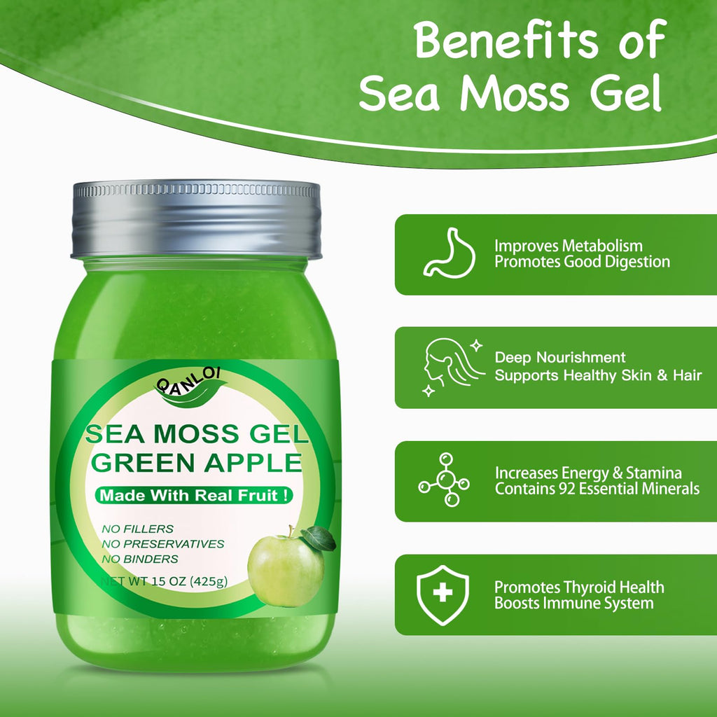 Sea Moss Raw,15OZ Natural Sea Moss Gel with Irish Sea Moss-Immune and Digestive Support Vitamin Mineral Antioxidant Supplements(Green Apple)
