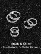 3 Pairs 925 Sterling Silver Moissanite Huggie Earrings for Women Men, Small Hoop Hypoallergenic Cartilage Earrings, Gifts Jewelry Set (18K White Gold)