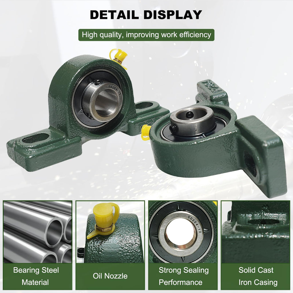 2 Pack UCP204-12 Pillow Block Mounted Ball Bearing - 3/4" Bore - Solid Cast Iron Base - Self Aligning