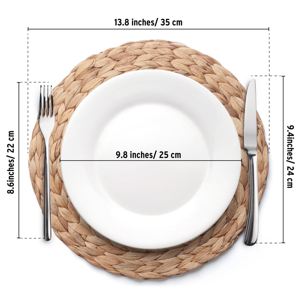 6 Pack, Round Woven Placemats, Natural Water Hyacinth Wicker Place mats, Braided Straw Table Mats, Charger Plates for Dining Table, Fall, Thanksgiving, Christmas (13.8 inch)