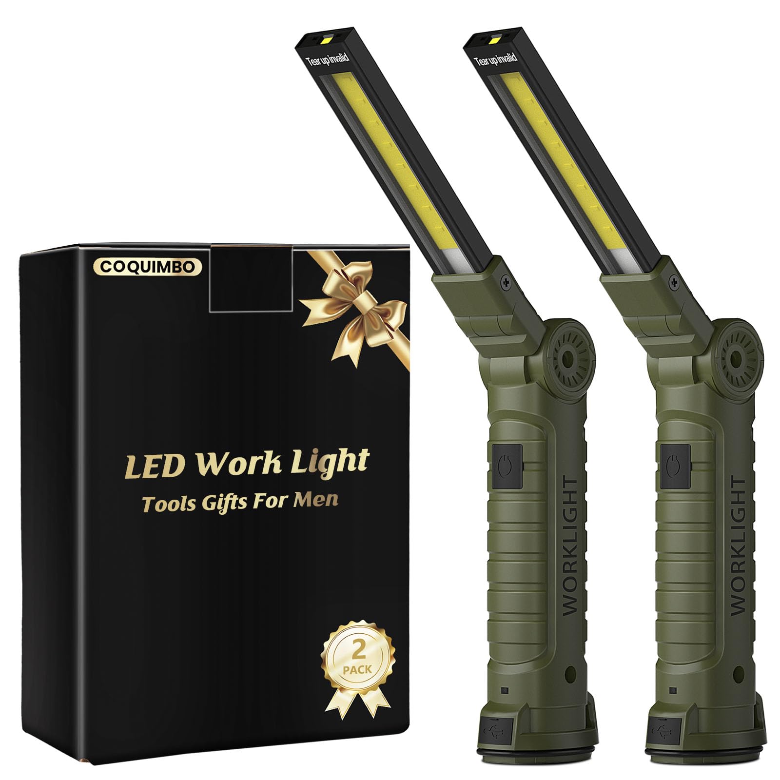 Coquimbo Tool Gifts for Men Him, Rechargeable LED Work Light Grill Light with Magnetic Base and Hook 5 Modes 360° Rotate Mechanic Light Dad Husband Mens Birthday Gifts (2 Pack Green)