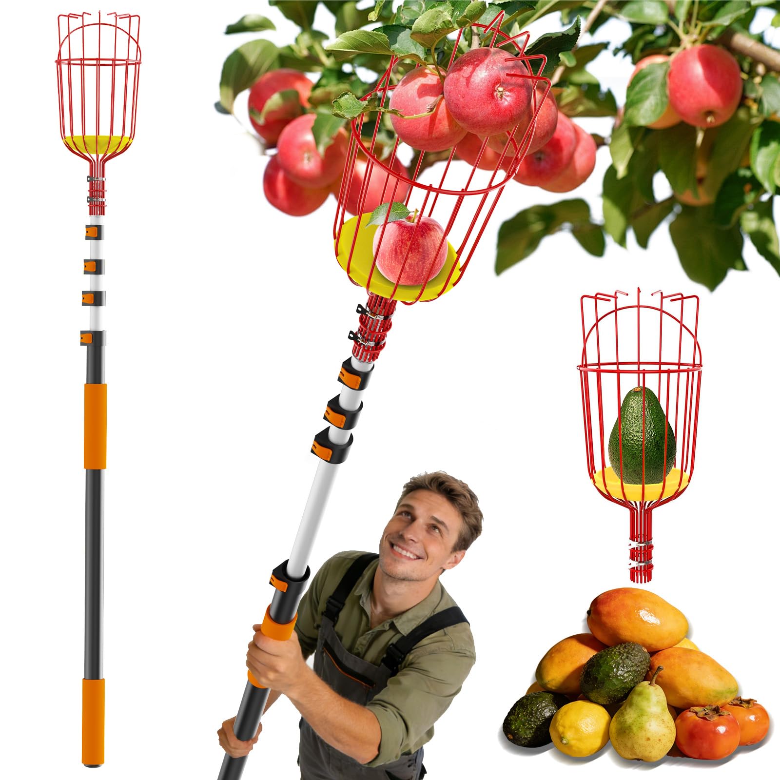 Buyplus 26ft High Reach Fruit Picker with Basket Telescoping, 5-20 Foot Heavy Duty Sturdy Aluminium Telescoping Extension Pole, Easy to Attach Twist-On Metal Basket for Picking Mango Avocado Lemon