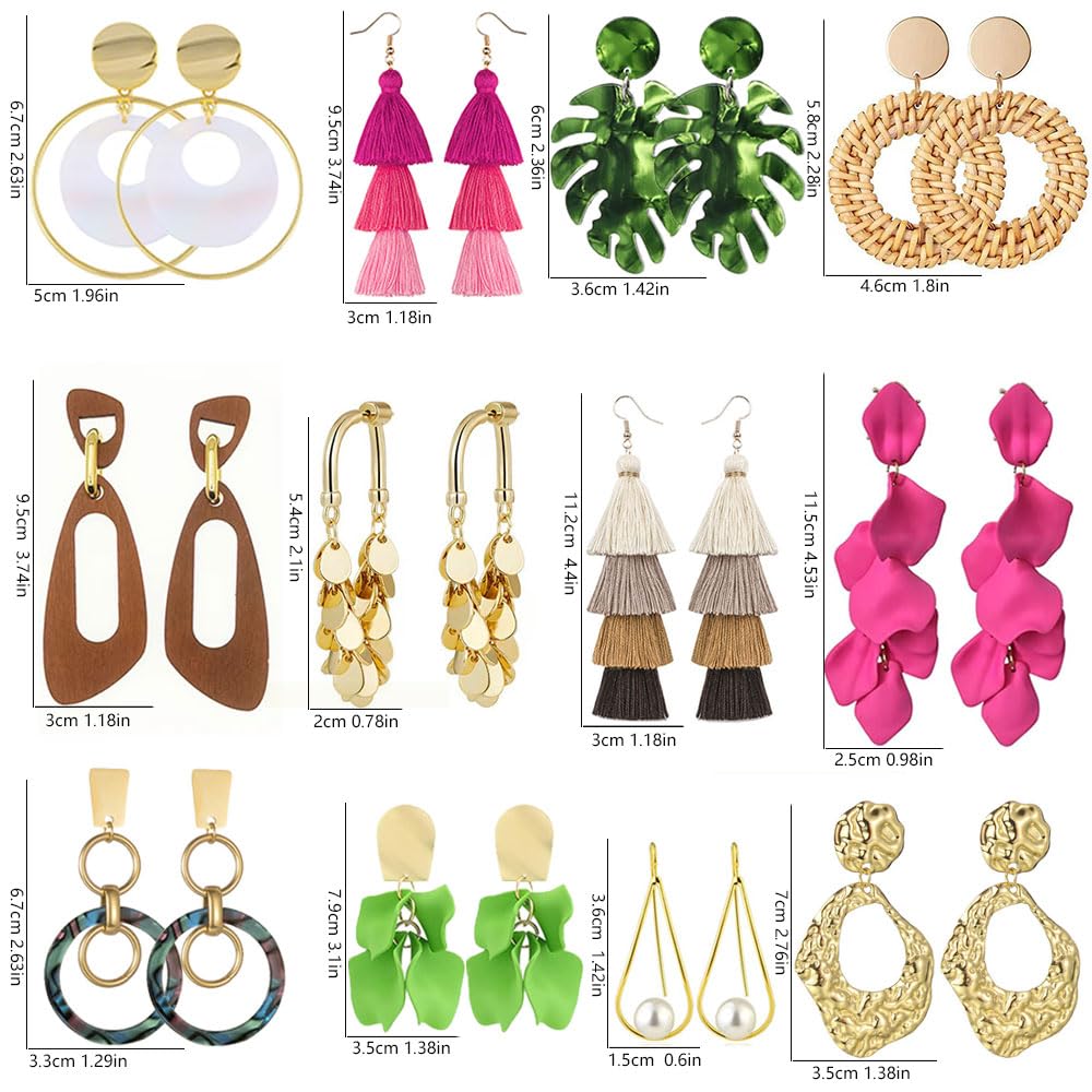12 Pairs Acrylic Rose Petal Earrings Boho Rattan Earrings Tassel Dangle Earrings for Women Jewelry Set﻿ (Style2)