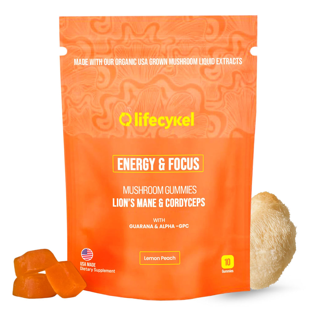 Life Cykel - AM Energy and Focus Mushroom Gummies, 10 Count - Organic Lion's Mane Gummies with Cordyceps, Guarana & Alpha GPC for Mental Clarity, Natural Energy, Endurance & Focus - Lemon Peach Flavor