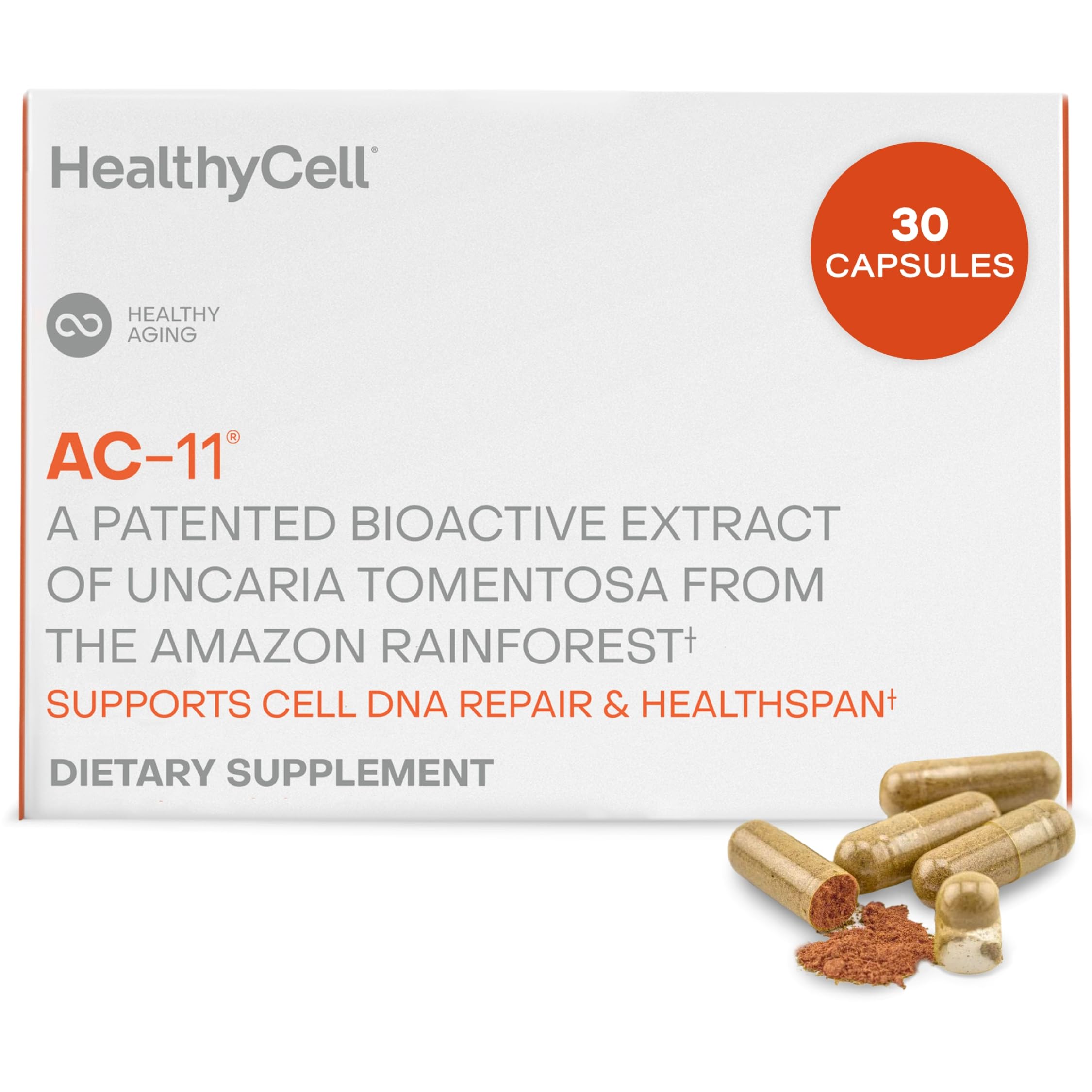Healthycell Anti-Aging Supplement for DNA Repair and Stem Cell Health, AC-11 - Bioactive Extract of Uncaria Tomentosa (Cat’s Claw) Supports a Healthy Immune System - Vegan, Soy-Free & Gluten-Free