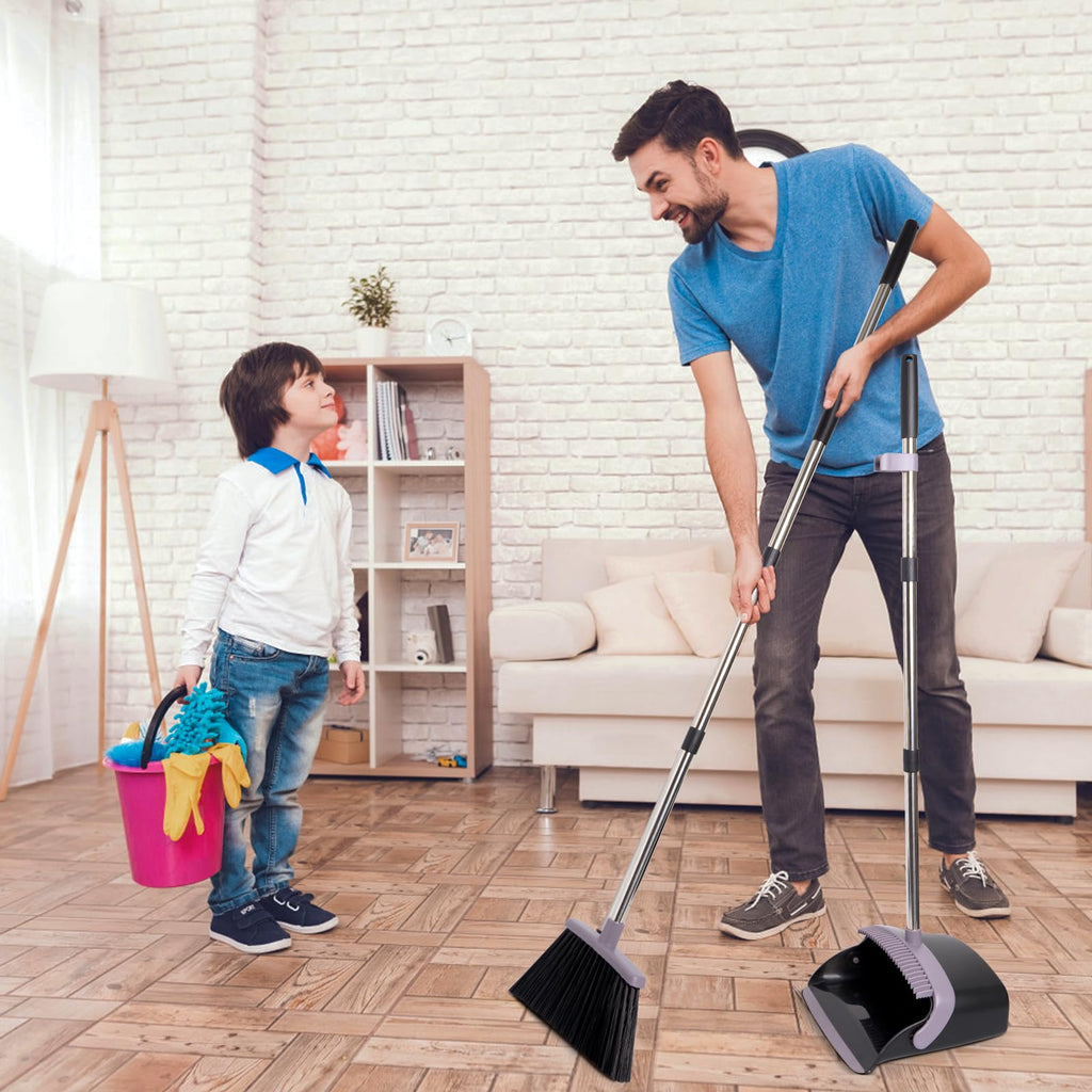 XXFLOWER Broom and Dustpan Set, Dustpans with Broom Combo for Home, Heavy Dust Broom and Dustpan Combo, Long Handle Dust Pan and Broom Set for Kitchen, Office, Pet Hair, Charcoal Color, Pack of 1
