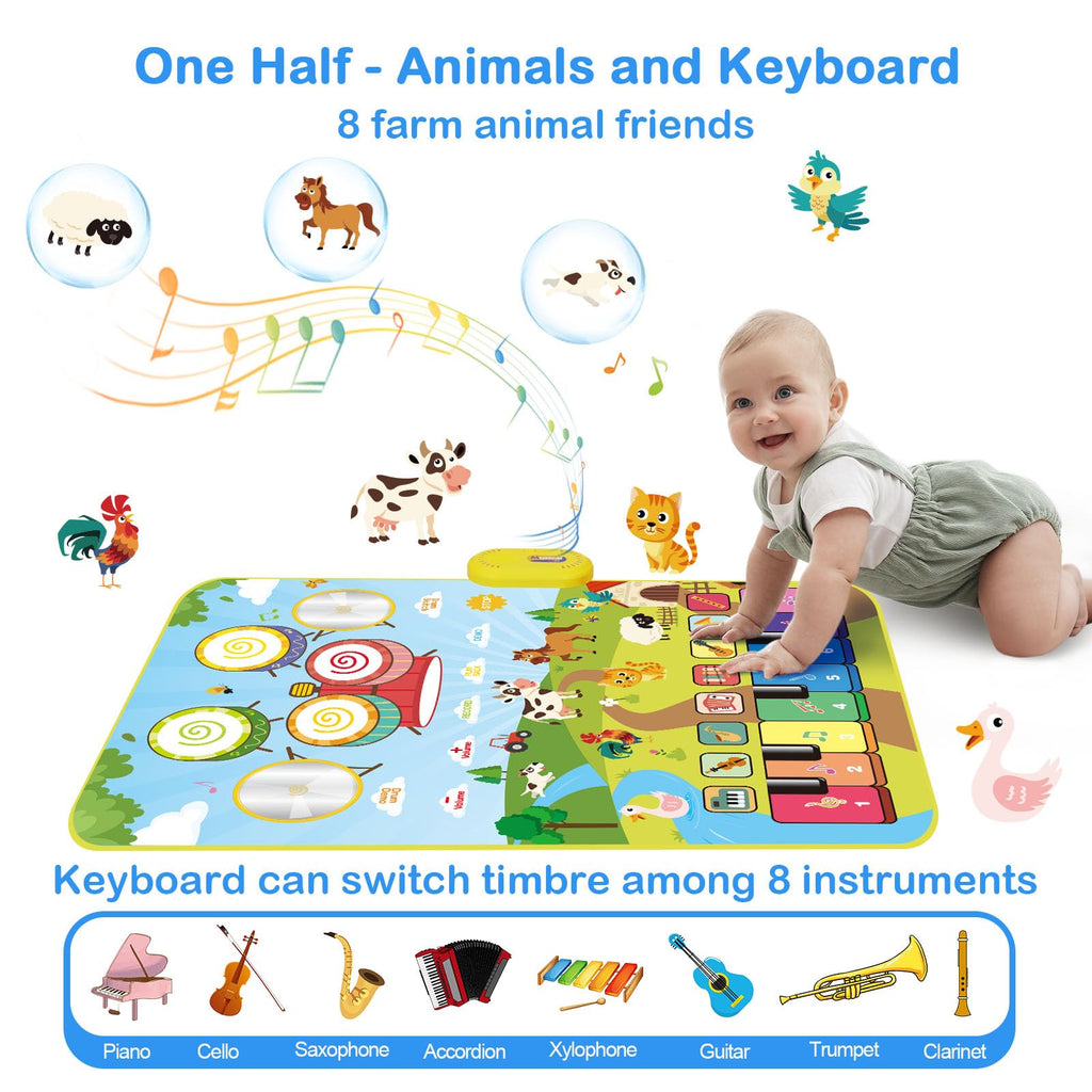 Foki 3-in-1 Musical Mats, Child Floor Piano Drum Animal Music Play Mat Montessori Sensory Early Educational Musical Learning Toys for Baby Girls Boys Birthday Toddlers 1-5 Years Old