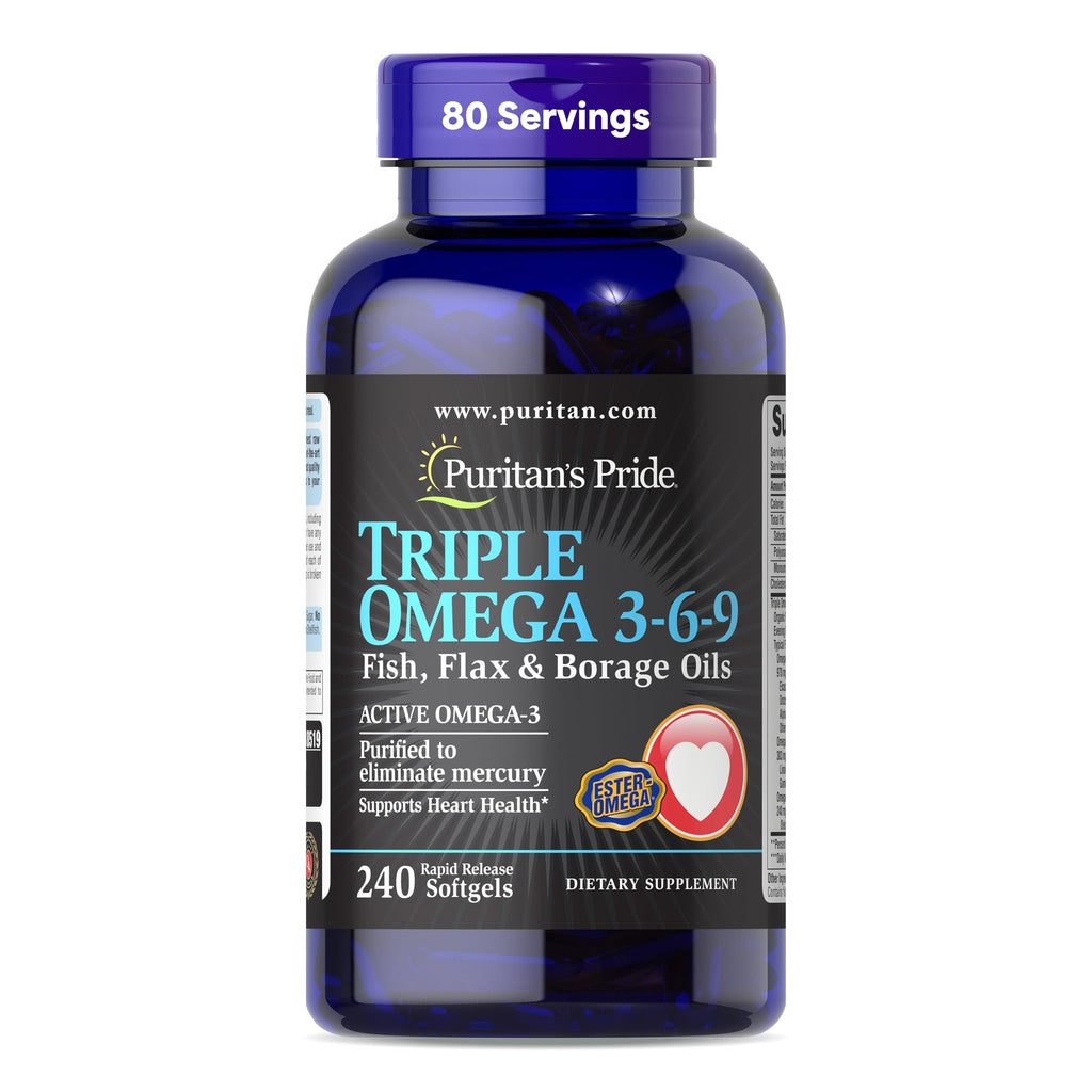 Puritan's Pride Premium Triple Active Omega 3-6-9 Fish, Flax, and Borage Oils, Dietary Supplement for Heart, Joint, and Cellular Health Support, 240 Rapid Release Softgels