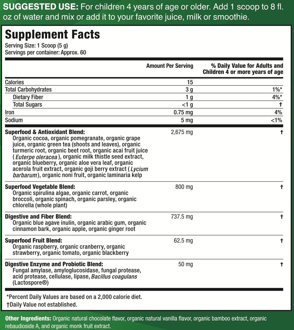 Feel Great USDA Organic Super Greens Powder for Kids - Cocao Chocolate | Fruit & Veggie Supplement | Superfood Powder with Probiotics & Digestive Enzymes for Digestive Health | 60 Days Supply