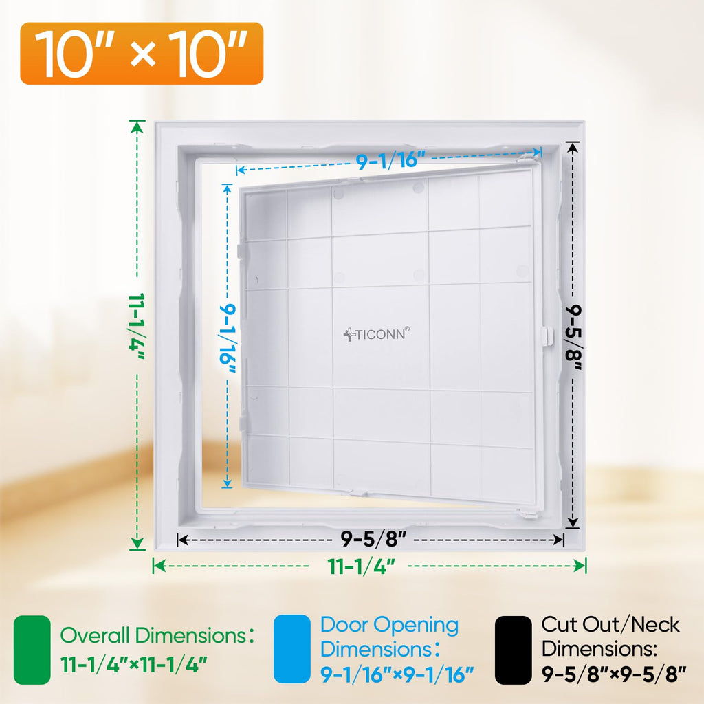 TICONN Access Panel for Drywall, 10 x 10 Inch ABS Plastic Wall Hole Cover Access Doors, Easy Install Drywall Access Panel, Ceiling, Wiring and Cables
