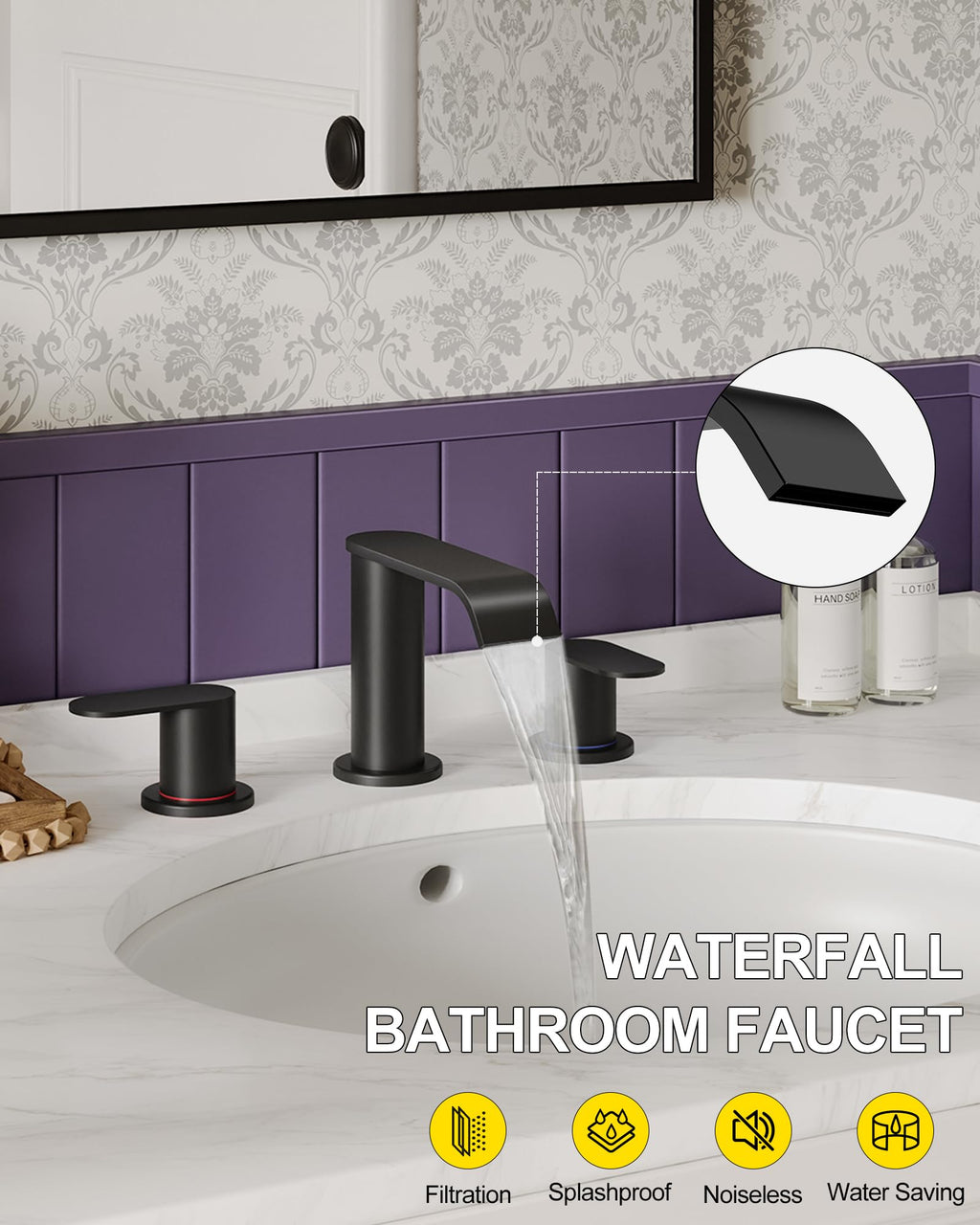 Matte Black Waterfall Bathroom Faucet for Sink 3 Hole 8 Inch Widespread Bathroom Sink Faucets with Pop-up Drain Supply Lines Stainless Steel 2-Handle Bathroom Sink Faucet for Bath Vanity Homevacious