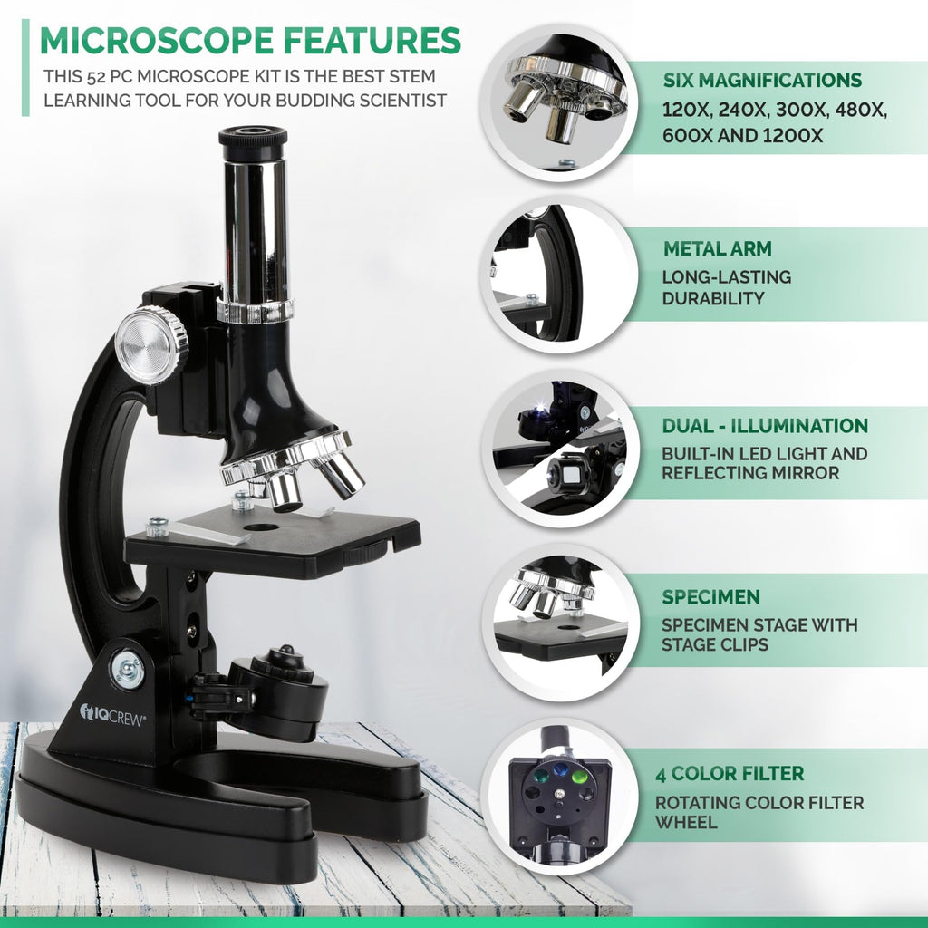 AmScope M30 Series 52-Piece STEM Microscope Kit for Kids - Monocular, Portable Compound Microscope for Kids - Includes Petri Dish, Slides & More - Black