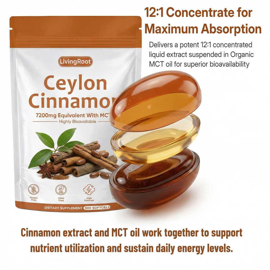 SCEZROB Living Root Ceylon Cinnamon - 300 Softgels 7200mg Equivalent with MCT Oil, Livingroot Organic Ceylon Cinnamon Powder Supplement for Supports Metabolism, Liver Function & Energy (1)