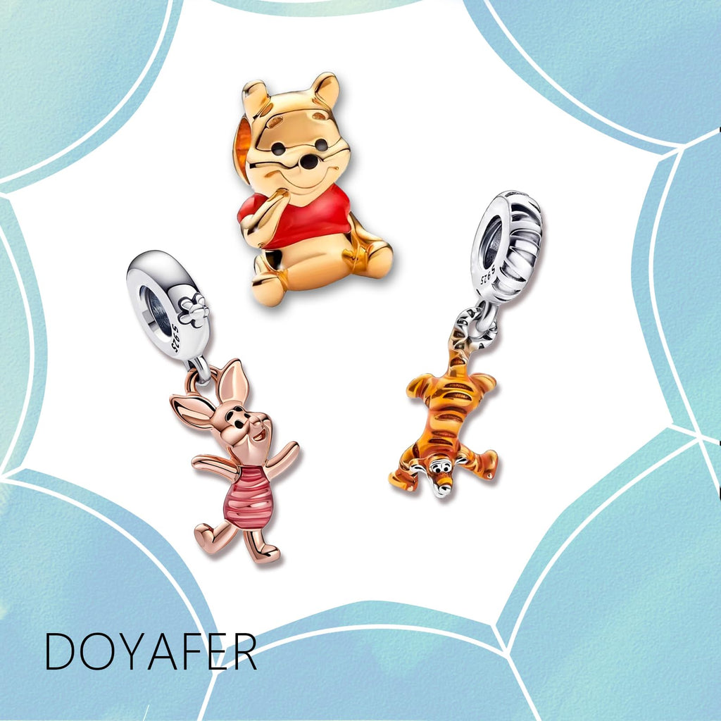 Doyafer 925 Sterling Silver Charms Iron Cool Man Golden Bear Cute Mouse Beads For Women Bracelets Necklace Gifts for Family and Friends 3 Piece/Package Tiger, bear, little pig (Charm Set- B)