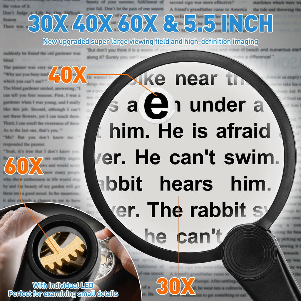 NUEYiO 5.2 Inch Large Rechargeable Magnifier with Light, 30X 40X 60X Handheld Magnifying Glass with 49 Anti-Flicker LED Light, Third Gear Dimming Strongest Lighted Magnifier for Seniors Reading Coins