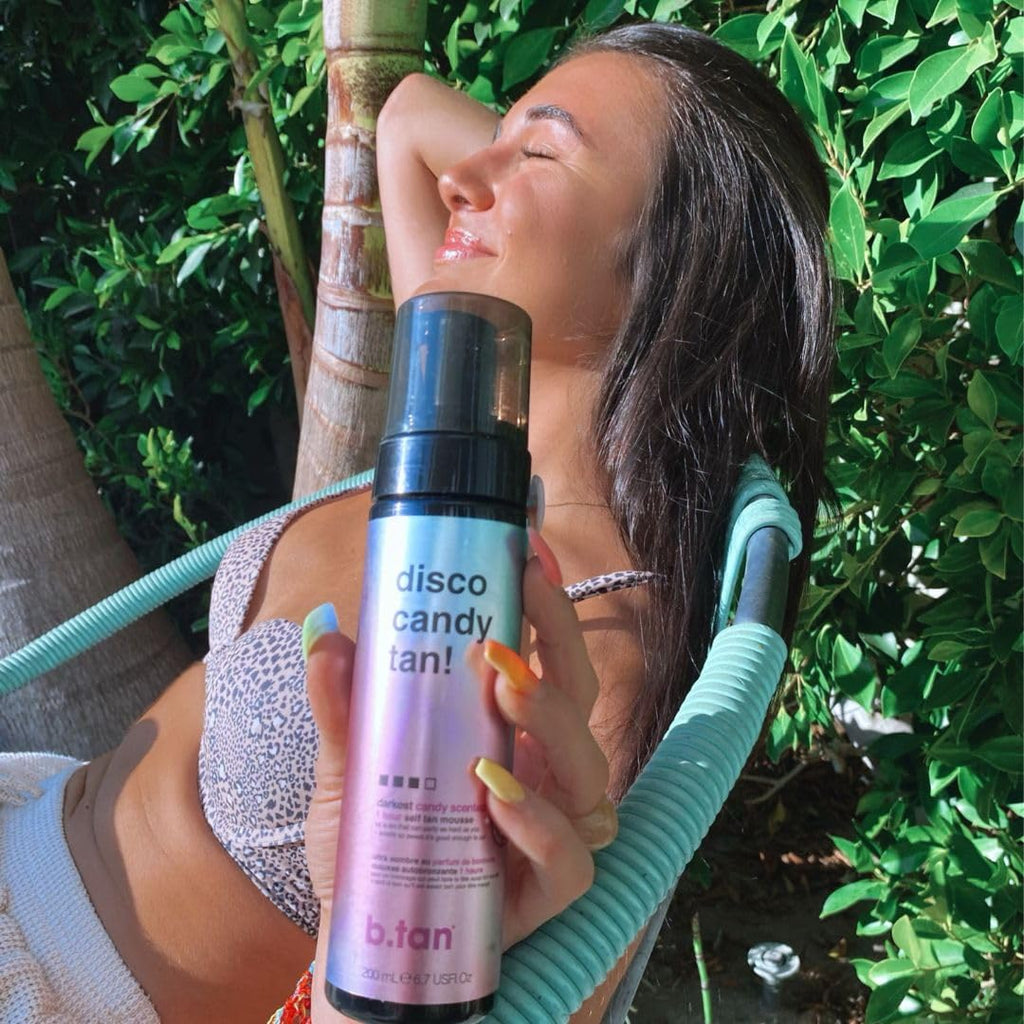 b.tan Large Candy Scented Self Tanner Mousse | Party Size Disco Candy Tan - Best, 1 Hour Express Dark Sunless Tanning Foam, Sweat-Proof & Transfer Resistant Fake Tan, Cruelty Free, 10.1 Fl Oz